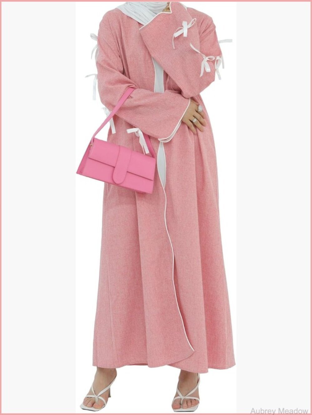 Muslim Abaya Sweet Long Sleeve Kaftan Bow Open Front Cardigan Wave Edge Prayer
